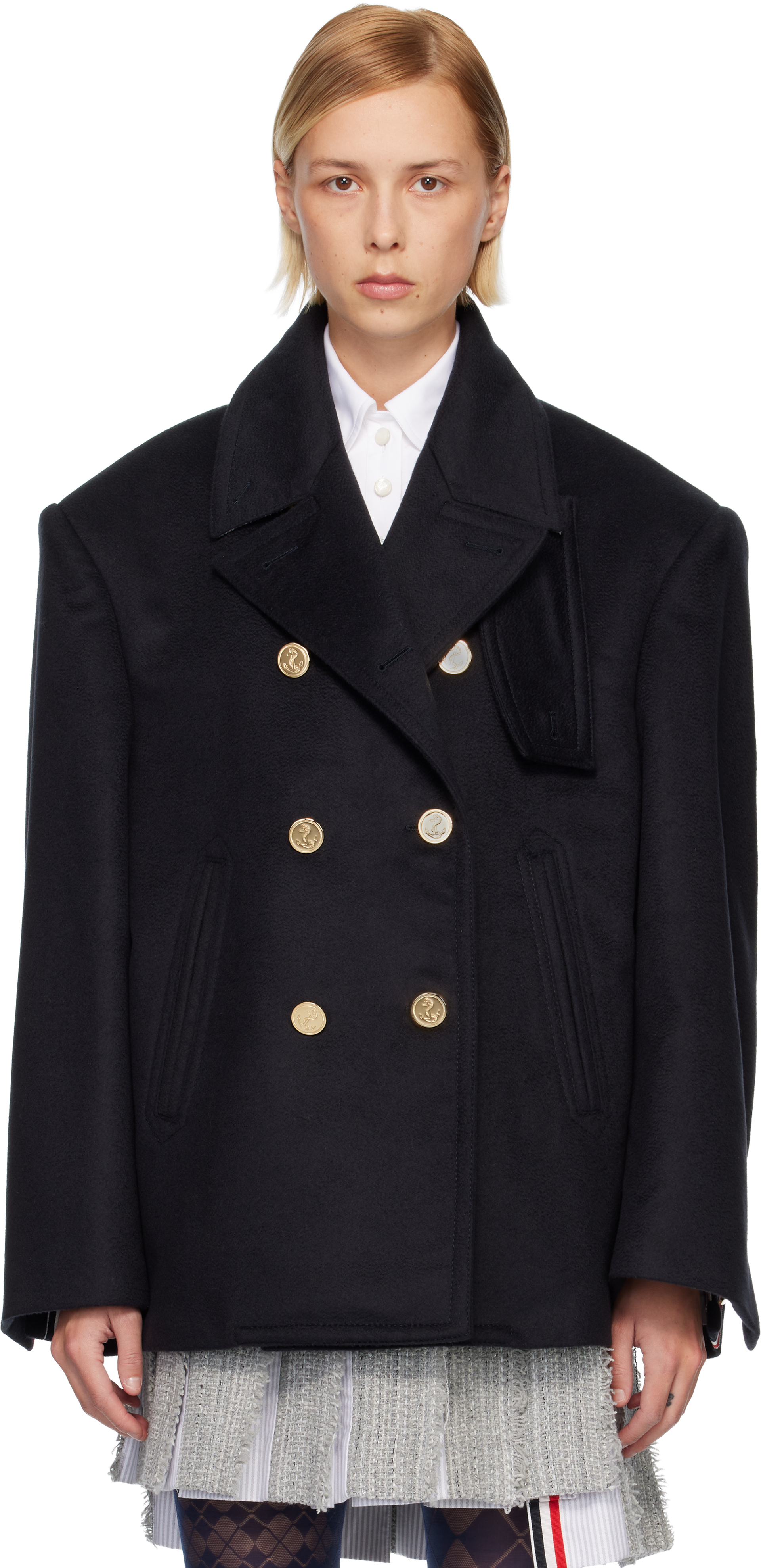 Thom Browne - Navy Ziberline Finish Cashmere Oversized Pea Coat