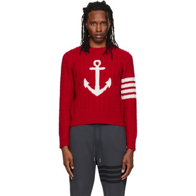 Thom Browne Thom Browne Red Merino Wool 4-Bar Intarsia Anchor Sweater
