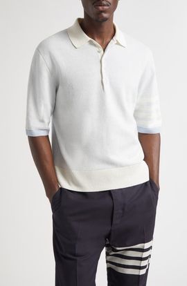 Thom Browne Thom Browne Relaxed Fit 4-Bar Textured Stripe Linen & Cotton Polo Sweater