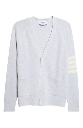 Thom Browne Thom Browne Relaxed Fit Crossover Tuck Stitch Linen & Cotton V-Neck Cardigan