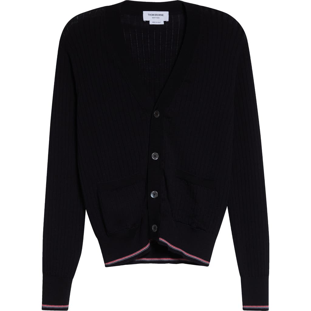 Thom Browne Thom Browne Rib Stitch Stretch Wool V-Neck Cardigan