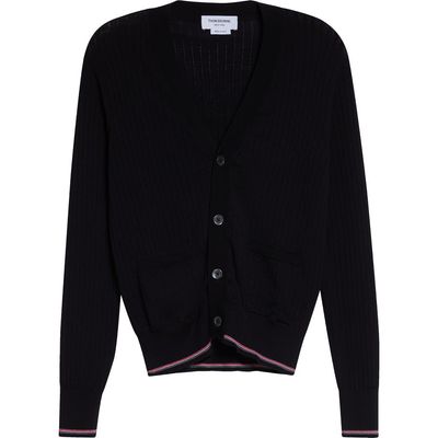 Thom Browne Thom Browne Rib Stitch Stretch Wool V-Neck Cardigan