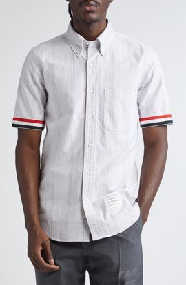 Thom Browne Thom Browne Straight Fit Stripe Short Sleeve Cotton Button-Down Shirt