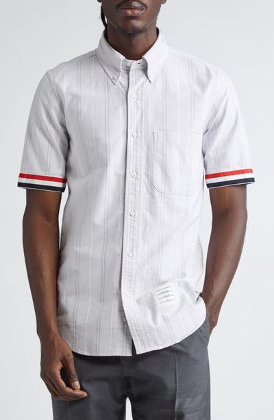 Thom Browne Thom Browne Straight Fit Stripe Short Sleeve Cotton Button-Down Shirt