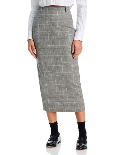 Thom Browne Thom Browne Windowpane Teviot Tweed Calf Length High Waisted Belt Loop Pencil Skirt