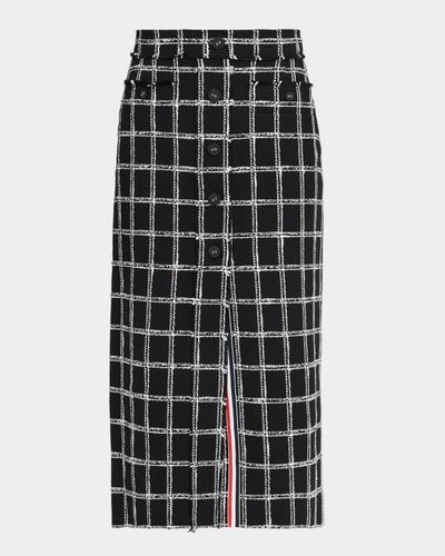 Thom Browne Windowpane Tweed Frayed Button-Front Midi Skirt