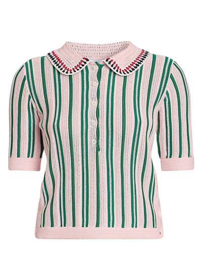 Thom Browne Women's Crochet Variegated Striped Cotton Polo Top