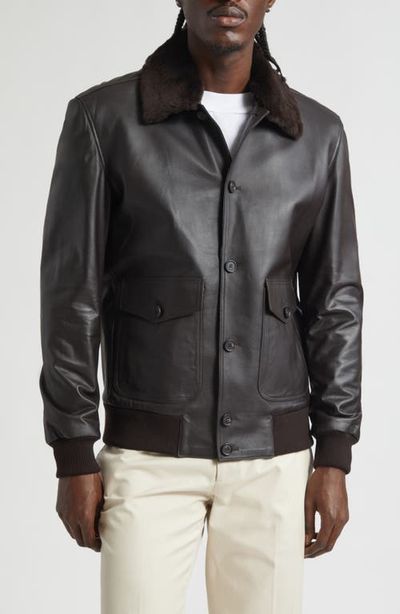 Thom Sweeney Thom Sweeney Leather Bomber Jacket with Genuine Shearling Collar
