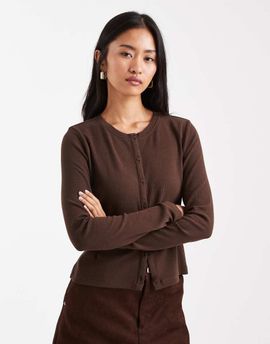 Threadbare Threadbare button up long sleeve jersey top in chocolate brown