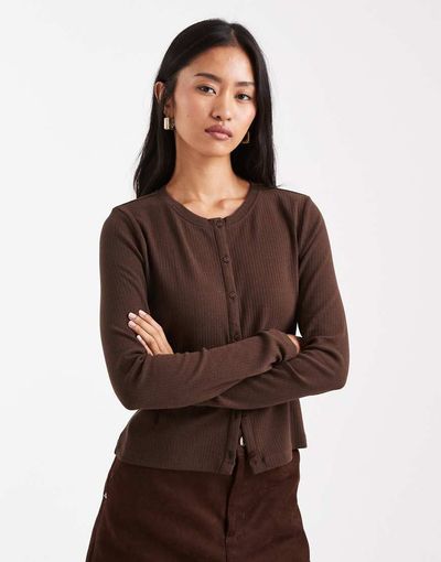 Threadbare Threadbare button up long sleeve jersey top in chocolate brown