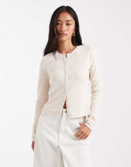 Threadbare Threadbare button up long sleeve jersey top in cream-White