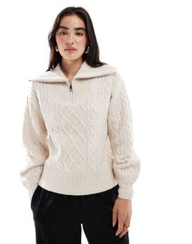 Threadbare Threadbare cable knit 1/4 zip sweater with collar in ecru-White
