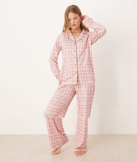Threadbare Threadbare check print long button through pajama set in pink and green
