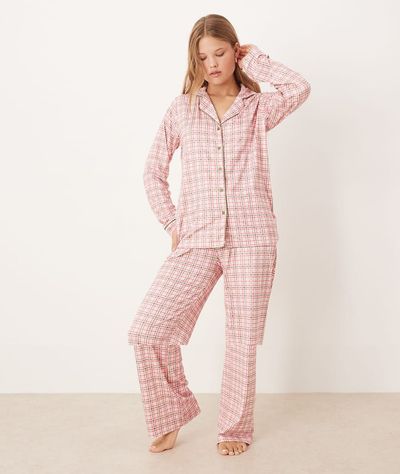 Threadbare Threadbare check print long button through pajama set in pink and green