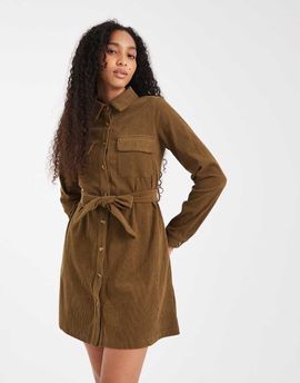 Threadbare Threadbare cord button up shirt dress in khaki-Green