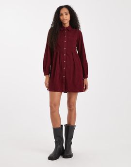 Threadbare Threadbare cord shirt mini dress in fig-Red
