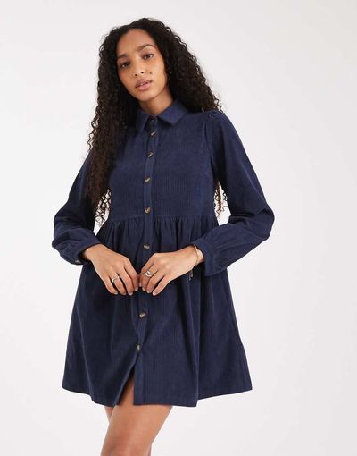 Threadbare Threadbare cord shirt mini dress in navy