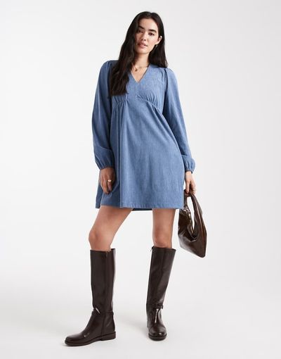 Threadbare Threadbare corduroy long sleeve mini dress in blue