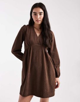 Threadbare Threadbare corduroy long sleeve mini dress in chocolate brown