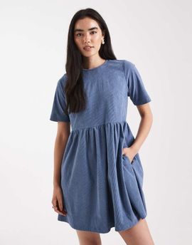 Threadbare Threadbare cotton cord short sleeve mini dress in blue