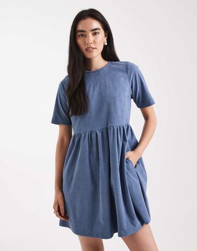 Threadbare Threadbare cotton cord short sleeve mini dress in blue