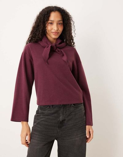 Threadbare Threadbare cotton jersey mix soft touch sweatshirt with scarf in burgundy-Red