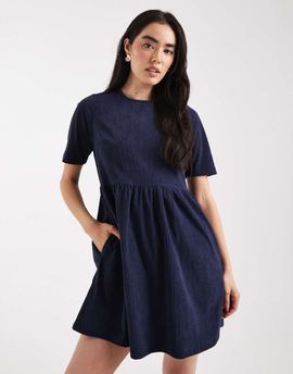 Threadbare Threadbare cotton look cord short sleeve mini dress in navy
