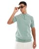 Threadbare Threadbare cotton rich crochet knit short sleeve polo top in sage green - 1