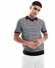 Threadbare Threadbare cotton rich textured knit polo top in navy and ecru - 1