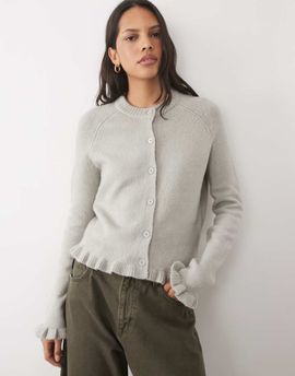 Threadbare Threadbare crew neck cardigan with ruffle hem and cuffs in gray