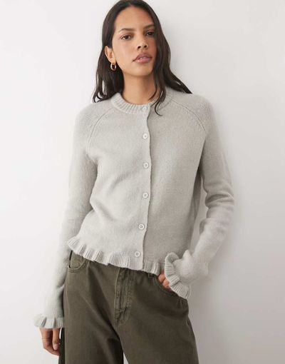 Threadbare Threadbare crew neck cardigan with ruffle hem and cuffs in gray