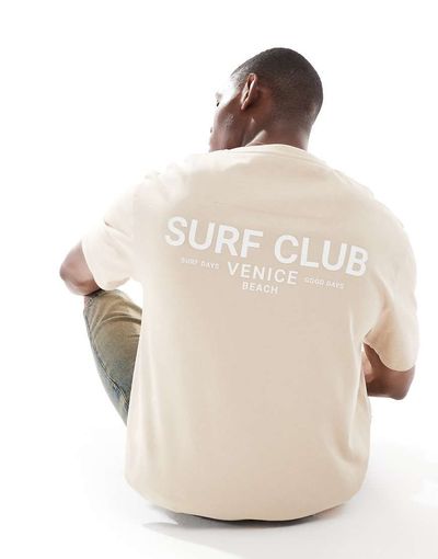 Threadbare Threadbare crew neck t-shirt with surf back print in stone-Neutral