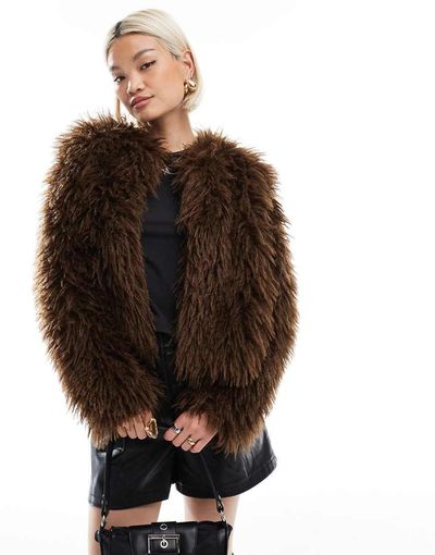 Threadbare Threadbare faux shearling fur jacket in chocolate brown