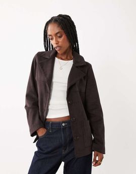 Threadbare Threadbare faux suede mid length button down jacket in chocolate brown