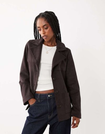 Threadbare Threadbare faux suede mid length button down jacket in chocolate brown