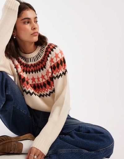 Threadbare Threadbare high neck fairisle sweater in cream-Multi