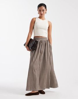 Threadbare Threadbare jersey A-line maxi skirt in brown gingham print