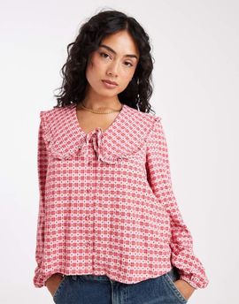 Threadbare Threadbare long sleeve blouse with peter pan collar in pink and red gingham
