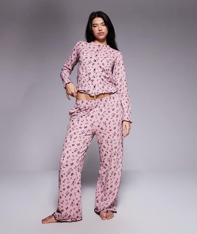 Threadbare Threadbare long sleeve button down ski print pajamas in fig-Red