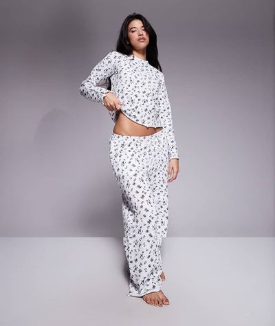 Threadbare Threadbare long sleeve lettuce hem ski print pajamas in white and blue