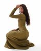 Threadbare Threadbare long sleeve ribbed textured maxi dress in olive green - 4