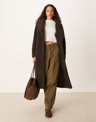 Threadbare Threadbare maxi teddy coat in chocolate brown
