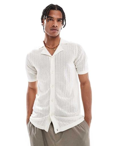 Threadbare Threadbare open knit button down short sleeve shirt in white