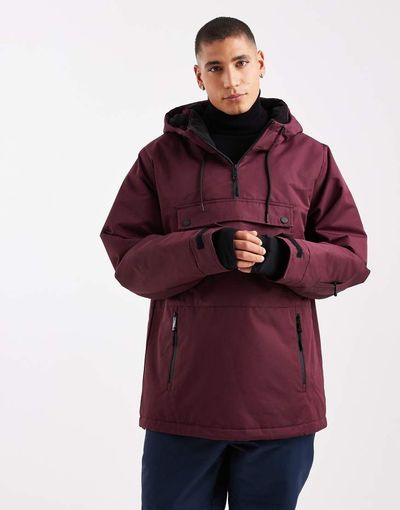 Threadbare Threadbare overhead ski jacket with hood and pocket detail in burgundy-Red