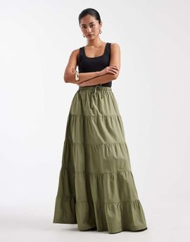 Threadbare Threadbare poplin tiered maxi skirt in olive green
