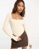 Threadbare Threadbare ribbed square neck long sleeve bodysuit in ecru-Neutral - 1