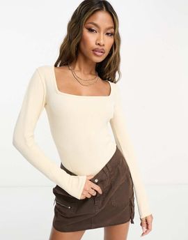 Threadbare Threadbare ribbed square neck long sleeve bodysuit in ecru-Neutral