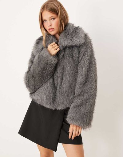 Threadbare Threadbare short fur jacket with collar in gray