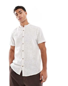 Threadbare Threadbare short sleeve grandad collar shirt in stone and ecru stripe-Neutral