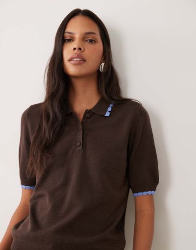 Threadbare Short Sleeve Knit Polo Top With Contrast Tipping In Brown